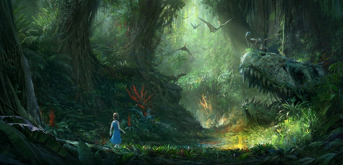 Girl in a prehistoric jungle with dinosaurs and pterodactyls