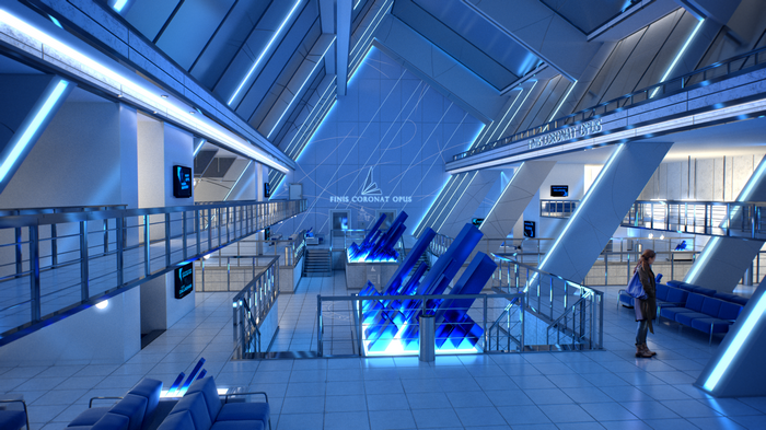 Futuristic interior with neon lights and blue crystal sculptures