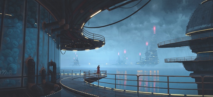 lights, digital art, futuristic city, fantasy art, reflection, science fiction, painting, futuristic, clouds, sea