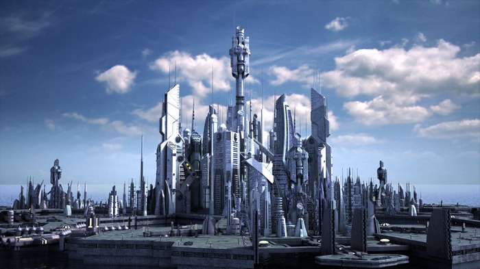 Futuristic city on the water under a cloudy sky