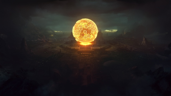 Fantasy landscape with glowing orb and ruins