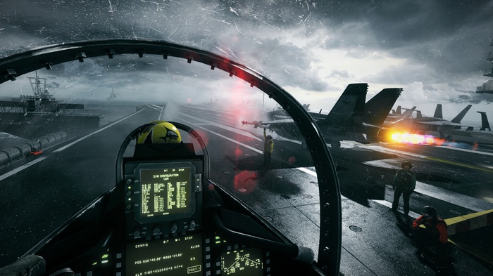 Fighter jet cockpit view on aircraft carrier deck