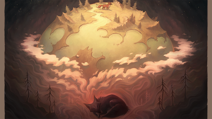Fox on a floating island above a sleeping wolf