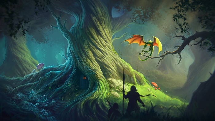 Fantasy forest with a dragon and two figures