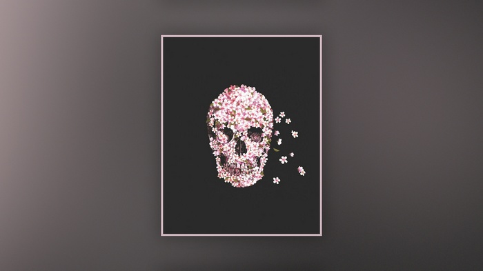 Skull made of pink flowers on a black background