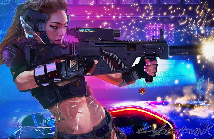 Woman with gun in cyberpunk city