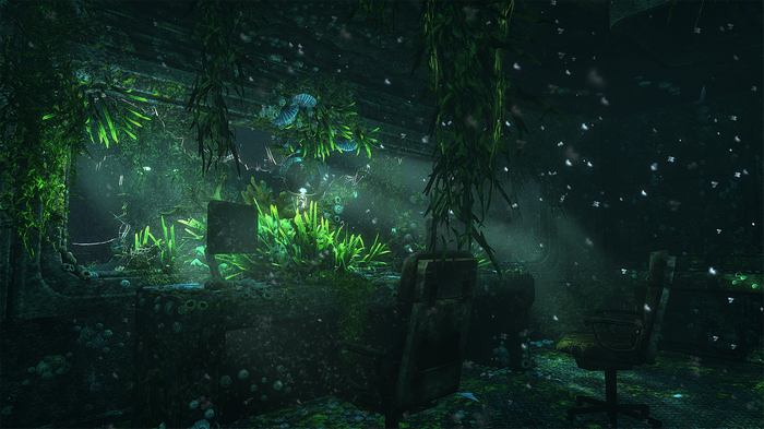 Underwater office with plants and debris