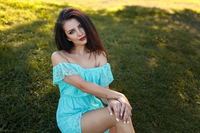 women, Dmitry Shulgin, blue dress, women outdoors, grass, face, smiling, dress, brunette, red lipstick, portrait, bare shoulders, looking at viewer, blue eyes, Kristina Romanova