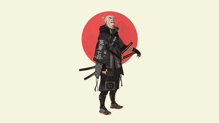 Samurai with katanas in front of a red circle