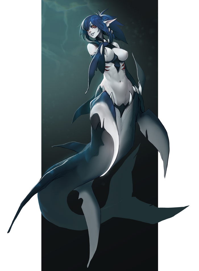 Anime mershark monster girl with blue hair