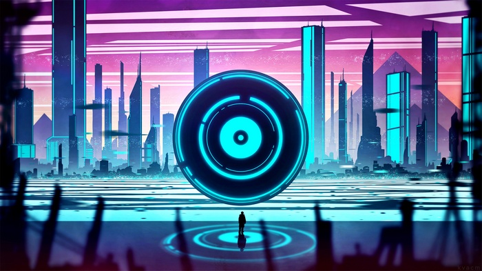 Futuristic cityscape with a large glowing orb and a lone figure