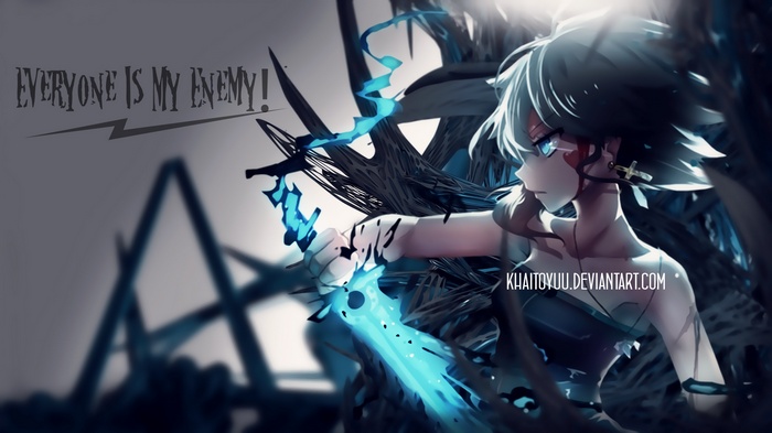 Anime girl with glowing sword and text