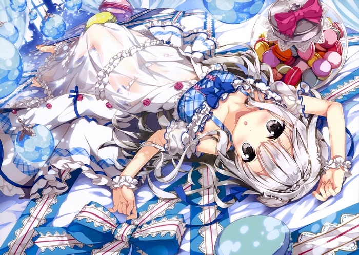 Anime girl in white dress with blue ribbons and macarons