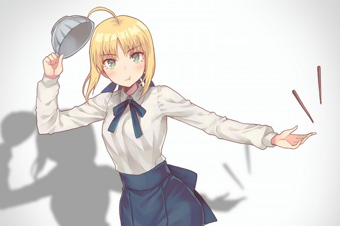 Saber from Fate Series holding a pot lid