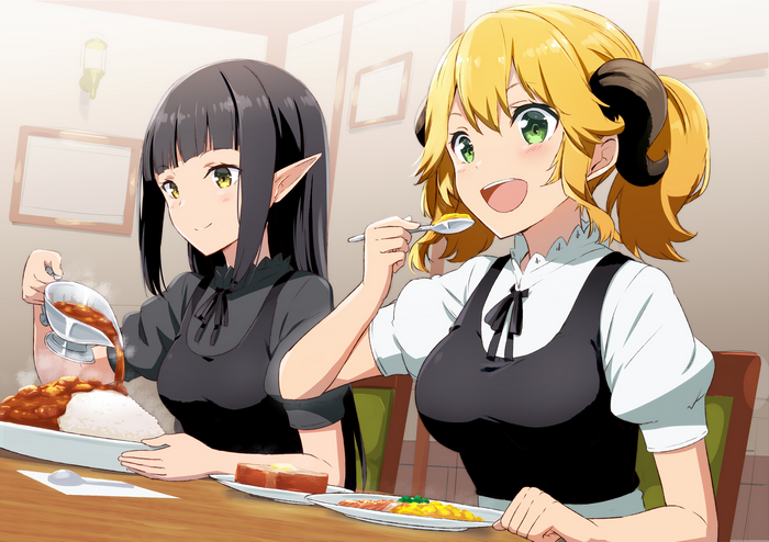 Aletta and Kuro from Isekai Shokudou eating curry