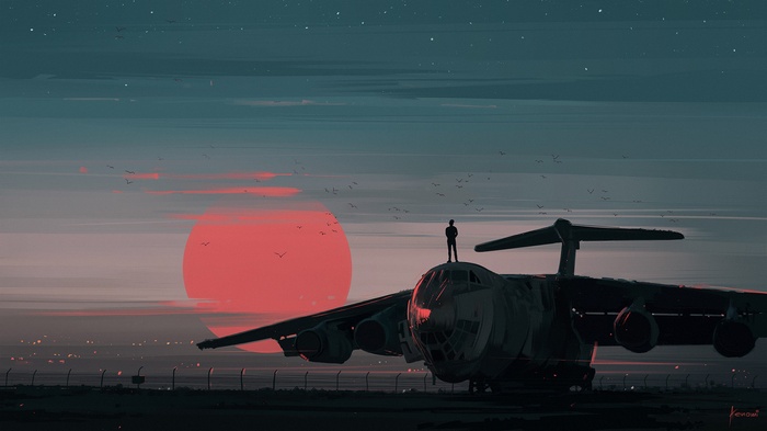 IL-76 airplane at sunset with a lone figure