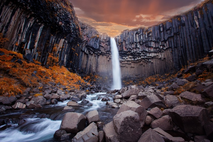 Svartifoss waterfall with basalt columns and autumn foliage