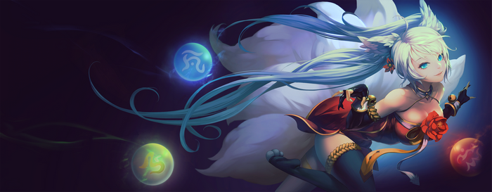 Anime girl with fox ears and tails, magic orbs