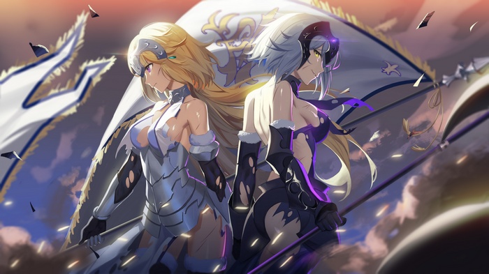 anime, armor, warrior, Fate Series, banner, Avenger (FateGrand Order), yellow eyes, silver hair, headdress, Jeanne ds, black gloves, Ruler (FateApocrypha), sideboob, anime girls, FateGrand Order, FateApocrypha , short hair