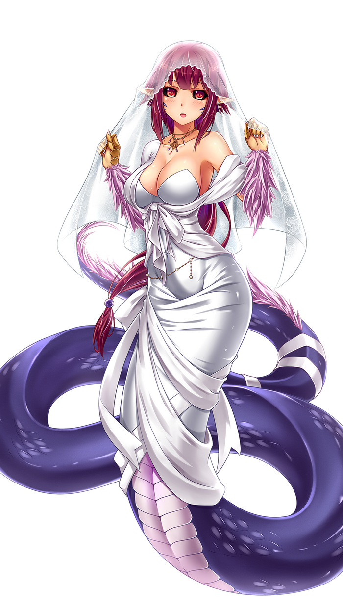 Lamia in a white wedding dress with a veil