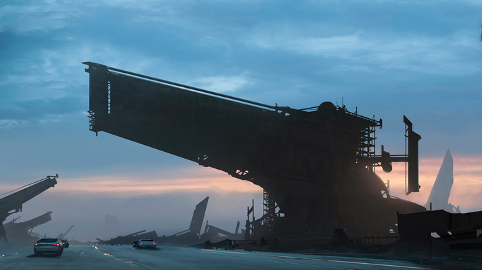 Post-apocalyptic landscape with cars on a road