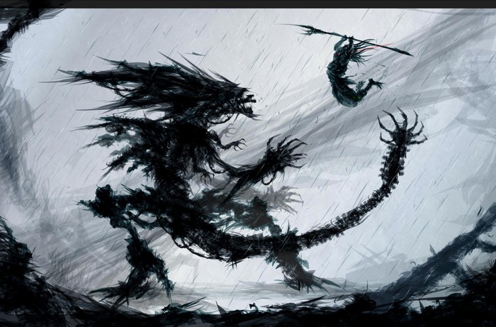 Alien vs. Predator in a dark, rainy environment