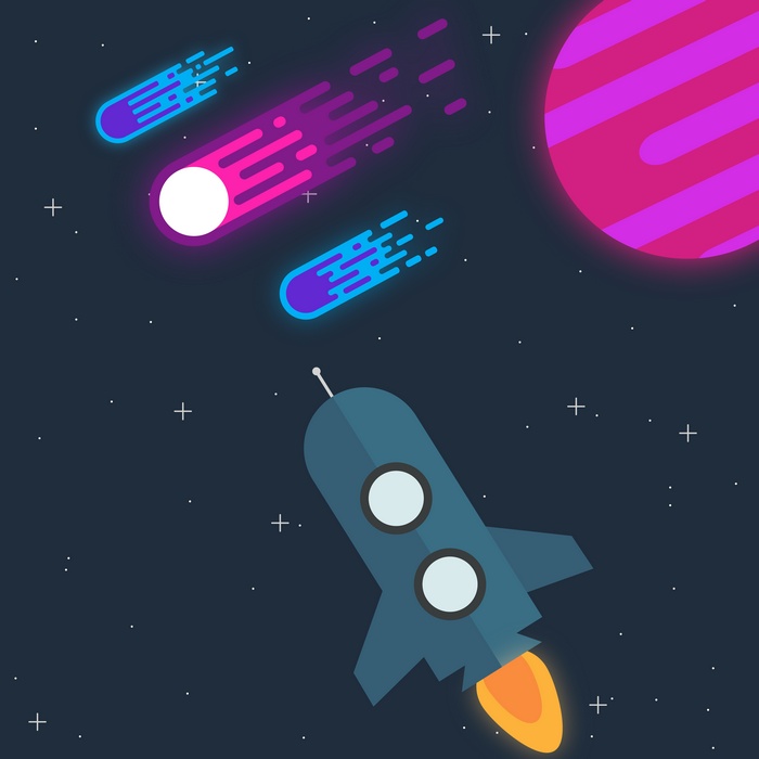 Spaceship flying past meteors and a planet