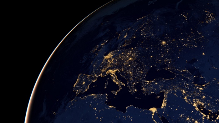 Earth at night showing Europe from space