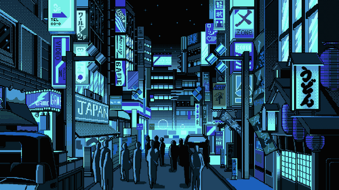 Pixel art of a Japanese street at night