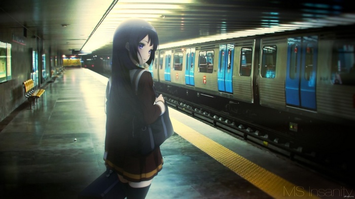 Anime girl waiting at a train station