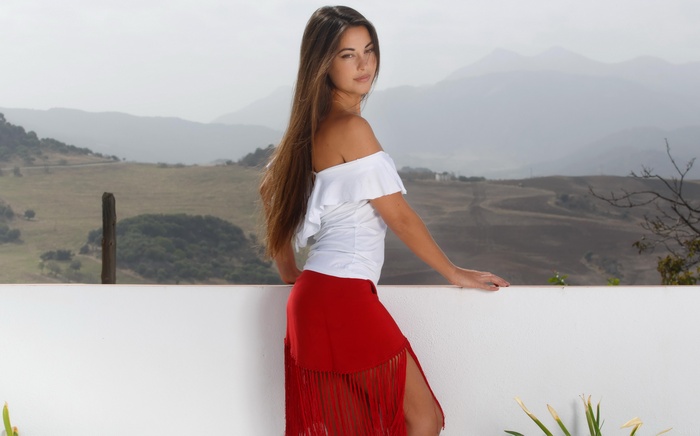 women outdoors, model, mountains, nature, bare shoulders, red skirt, blouses, long hair, women, brunette, Lorena Garcia, skirt, landscape