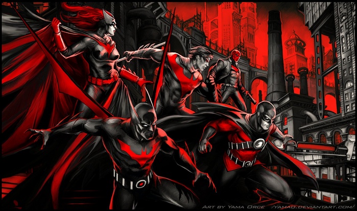 Batman characters in a red and black city