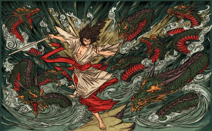 Man fighting multiple dragons in water