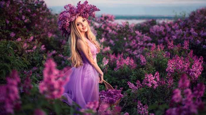 Long Hair Flowers Nature Plants Blonde Women Outdoors Sergey Shatskov Colorful Purple 