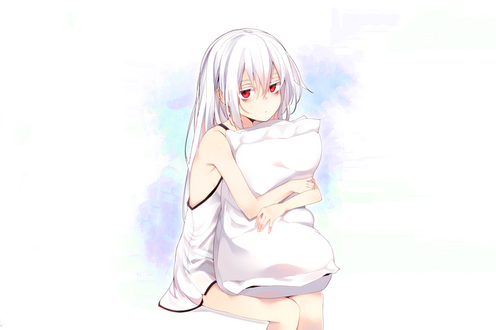 Anime girl with white hair and red eyes hugging a pillow