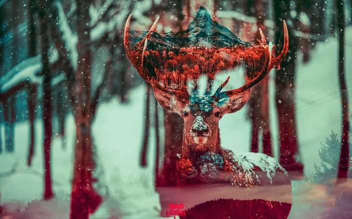 Double exposure of a deer with mountains and forest