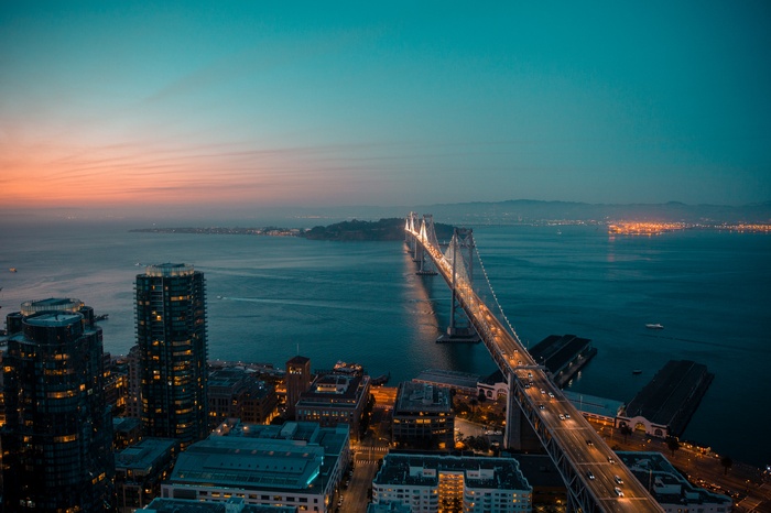 San Francisco Bay Bridge at dusk