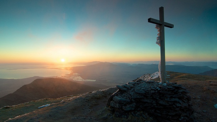 catholic, landscape, sky, mountains, cross, nature, sunset