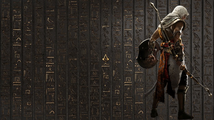 Bayek from Assassin's Creed Origins with hieroglyphs