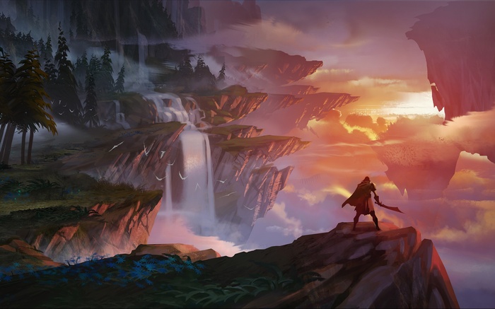 Dauntless video game landscape with floating islands and waterfalls