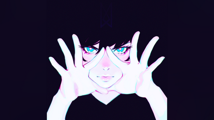 Anime girl with blue eyes and hands in front of face