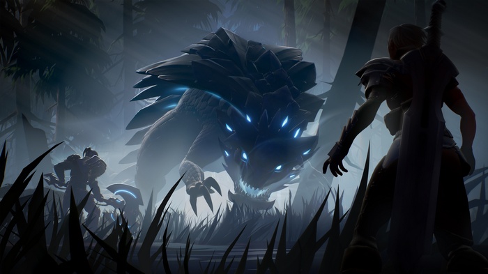 Dauntless video game characters fighting a monster