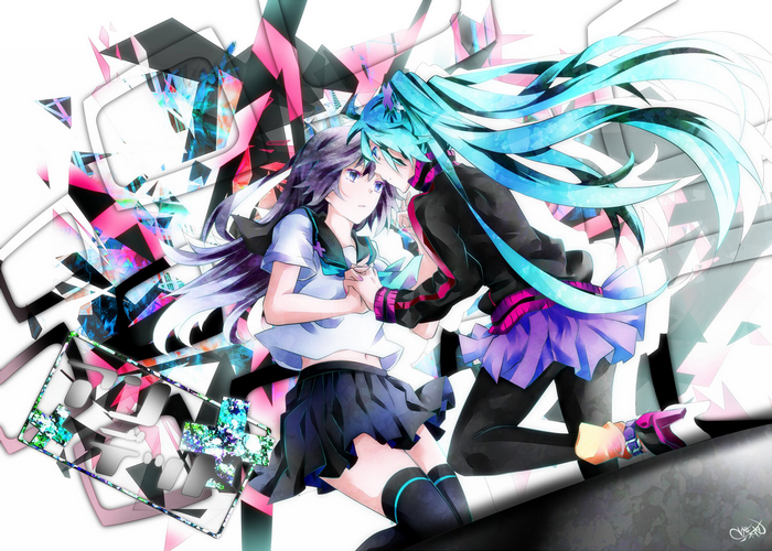 Hatsune Miku and another girl with abstract background
