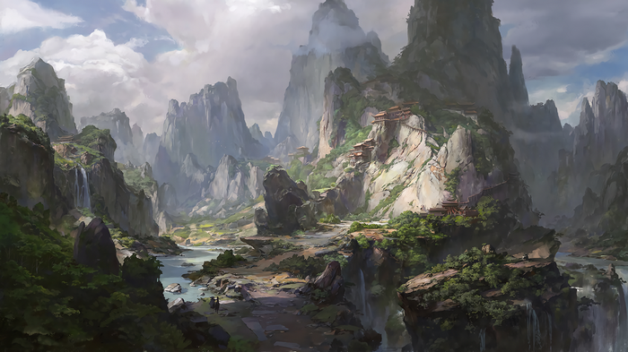 Digital painting of Asian architecture in mountains