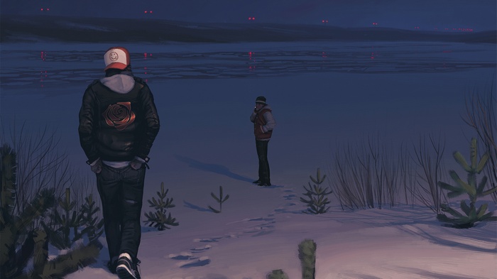 Two people in a snowy landscape at night with red lights in the distance
