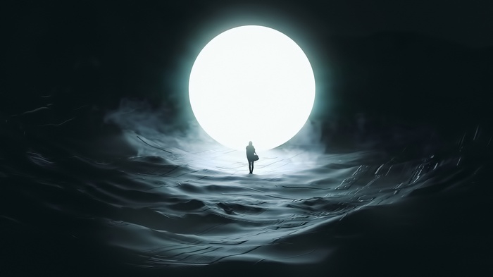 Silhouette of a person in front of a glowing portal