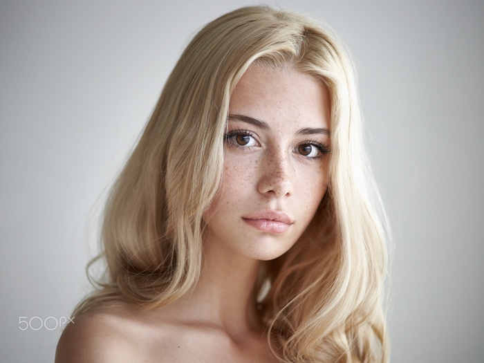 blonde, face, looking at viewer, long hair, simple background, women, freckles, portrait