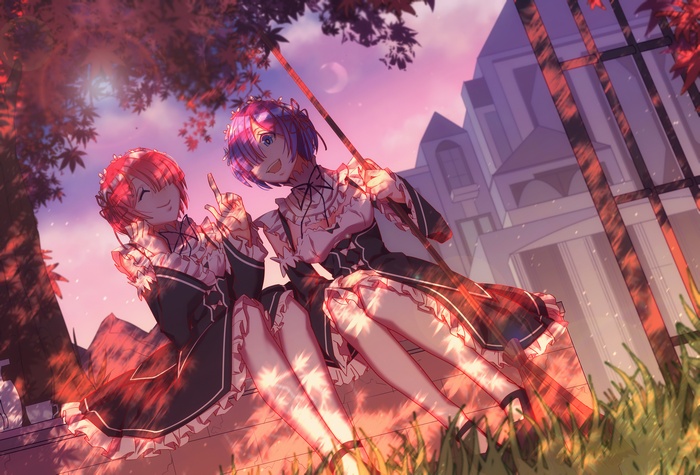 Ram and Rem from Re:Zero Kara Hajimeru Isekai Seikatsu at sunset