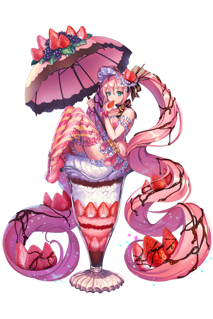 Anime girl with pink hair in a strawberry parfait