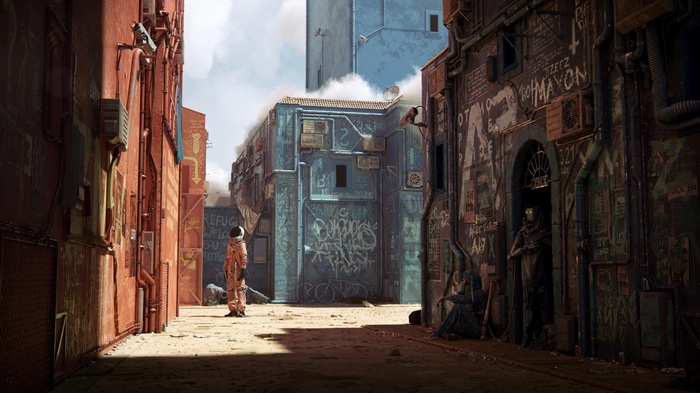 Astronaut in a cyberpunk alley with graffiti and androids